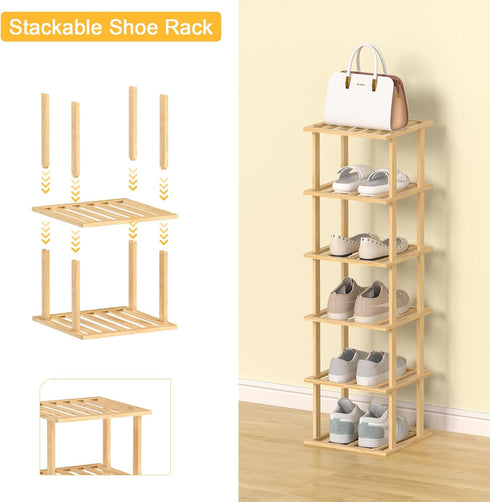 6-Tier Closet Bamboo Shoe Rack - Vertical Shoe Rack for Small Spaces, Tall Narrow Shoe Rack Organizer for Entryway