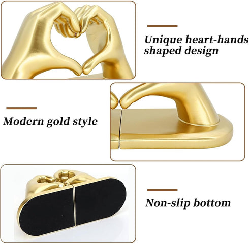 Book Ends for Shelves, Gold Heart Hands Decorative Bookends Book Holder for Bookshelf Decor, Unique Book Holders Heavy