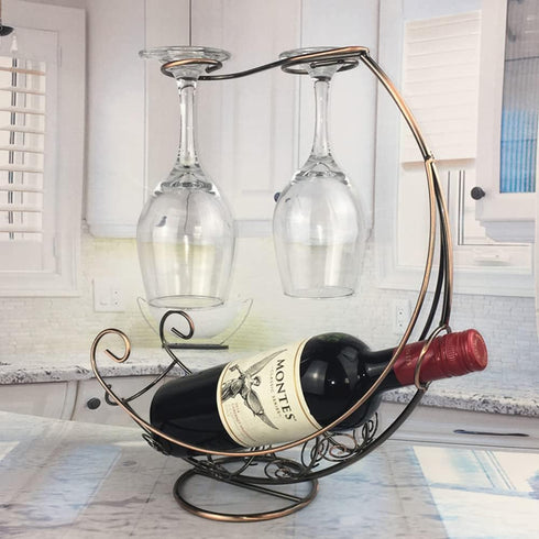 Homya Tabletop Metal Wine Bottle Rack, Elevated Vertical Countertop Organizer for 1 Bottle and 2 Glasses