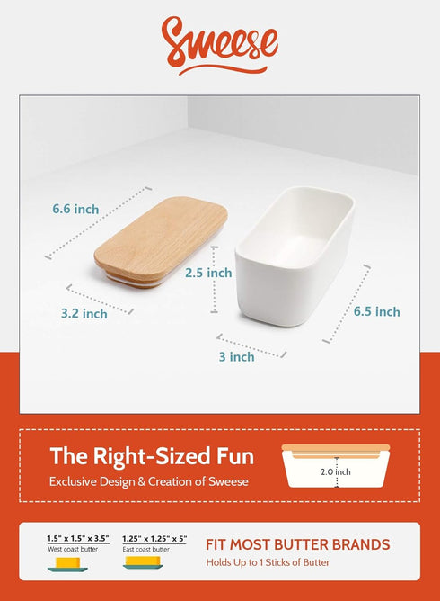 Countertop, 1 Sweese Small Butter Dish with Lid for Airtight Butter Keeper Holds Up to Sticks of Butter, Porcelain