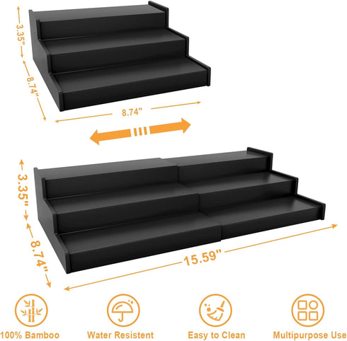 Spice Rack Organizer, 3 Tier Expandable Bamboo Spice Rack for Kitchen Cabinet, Cupboard, Pantry - Black (2pack)