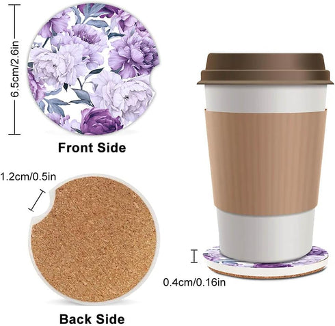 Purple Floral Cup Holders Car Coasters Set, Pretty Design to Keep Cup Holders Clean, Pack of 2