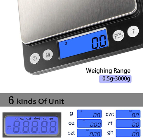 Fuzion Digital Kitchen Scale 3000g/ 0.1g, Pocket Food Scale 6 Units Conversion, Gram Scale with 2 Trays, LCD, Tare Function, Reptile Scale, Herb Scale(Battery Included) by Fuzion