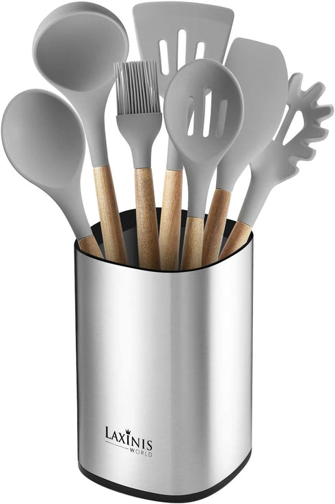Laxinis World Stainless Steel Kitchen Utensil Holder, Kitchen Caddy, Large Utensil Organizer, Modern Rectangular Design, 6.1” by 5” Utensils Crock (utensils not included)