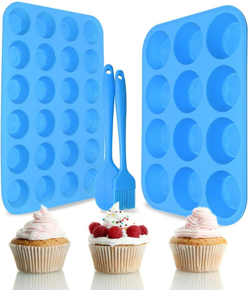 Silicone Muffin Pan Cupcake Set, Non-Stick 12 Cups and Mini 24 Cups, BPA Free with Spatula & Oil Brush
