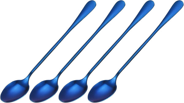 uxcell Long Handle Spoon Set of 4, 7.5-Inch Stainless Steel Ice Cream Cocktail Coffee Spoons for Mixing, Beverage (Blue)