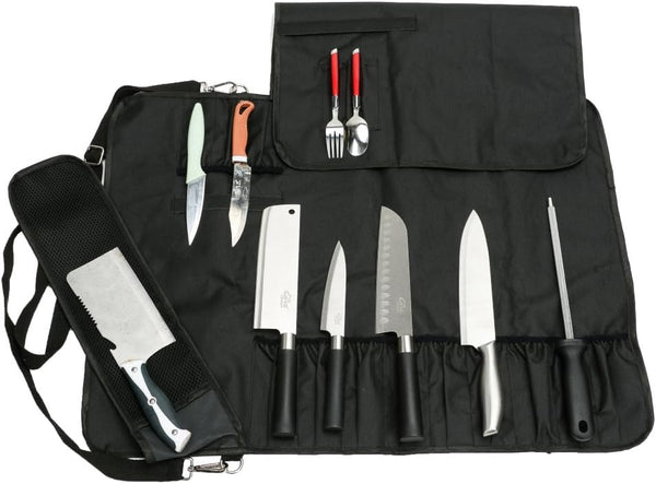 HERSENT Chef Knife Roll Bag with 17 Slots, Holds 13 Knives, 1 Meat Cleaver, Durable with Handle & Shoulder Strap