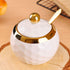 WHJY Ceramic Sugar Bowl with Lid and Spoon, Golf Design Porcelain Salt Container, Modern Spice Box for Kitchen - White