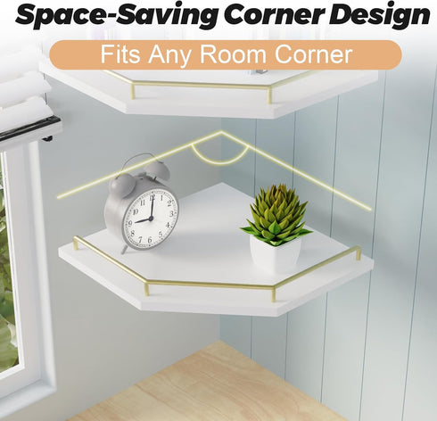 2-Tier 9.5-inch Tirzah White Wall Mount Corner Shelf with Gold Metal Guardrail, Diamond-Shaped Wood Corner Floating