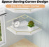 2-Tier 9.5-inch Tirzah White Wall Mount Corner Shelf with Gold Metal Guardrail, Diamond-Shaped Wood Corner Floating
