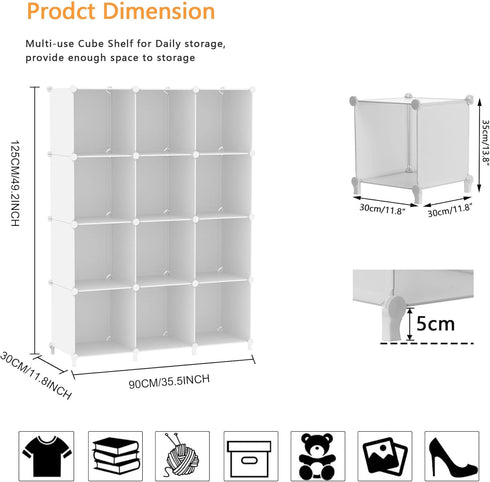 AWTATOS Cube Storage Organizer, 12 Cube Bookshelf DIY Plastic Closet Clothes Storage Shelves, Stackable White