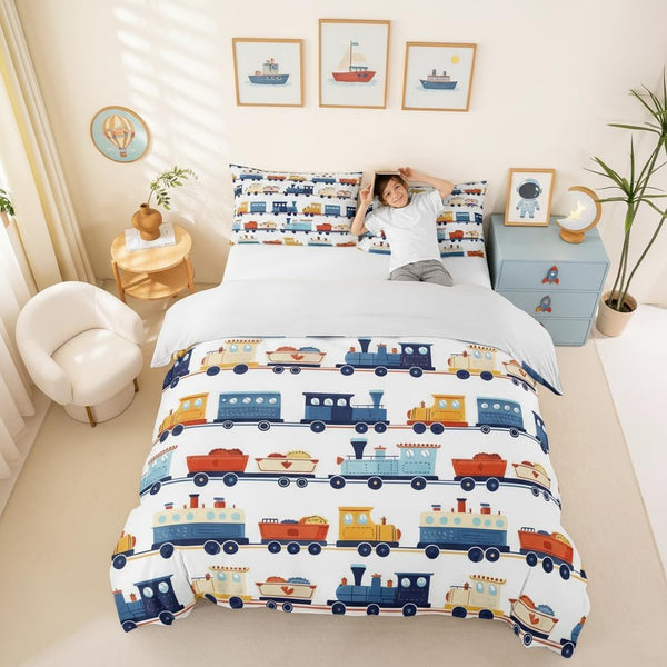 Cartoon Train Duvet Cover Queen Size Transport Vehicles Comforter Cover for Teens