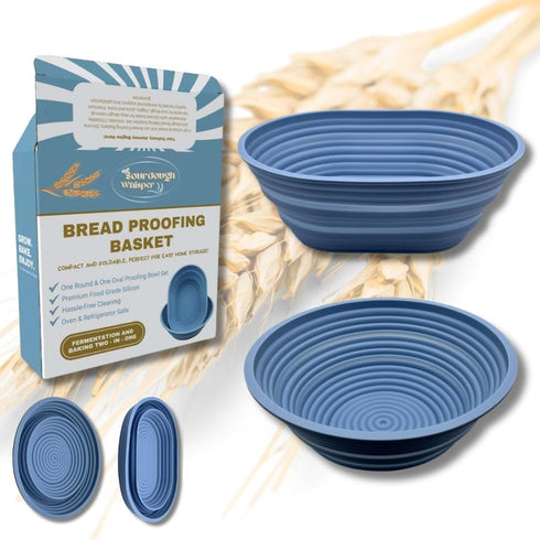 Set of 2 Blue Benaton Silicone Sourdough Bread Proofing Baskets, 9.5 Inch Oval & Round, Dishwasher Safe