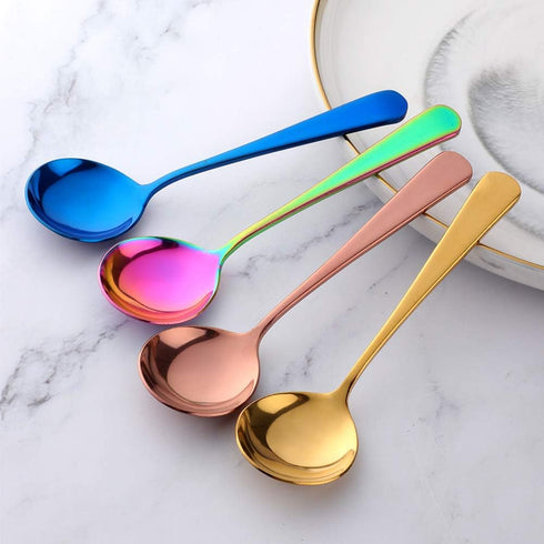 MINGYU 4-Piece Heavy Round Soup Spoons Set, Multicolor Premium Stainless Steel, Mirror Polish & Dishwasher Safe