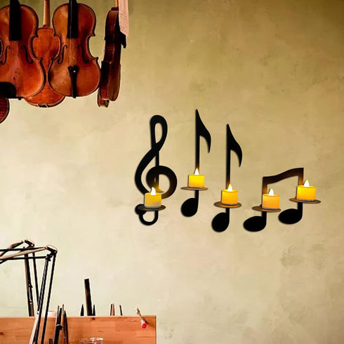 Set 4 MANMAOHE Black Music Note Wall Sconce Metal Wall Sconce Candle Holder of Wall Mount Tea Light Candle Holders