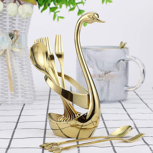 AnSaw Gold Swan Base Holder Set with 10 Pcs Mini Leaf Teaspoons & Dessert Forks - Perfect for Appetizers, Salads