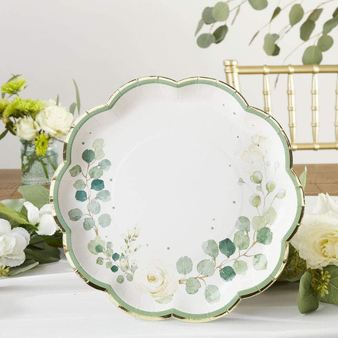 Kate Aspen Sage Green Party Decorations - Eucalyptus Floral 9 in. Decorative Paper Plates (Set of 16) for Baby Showers