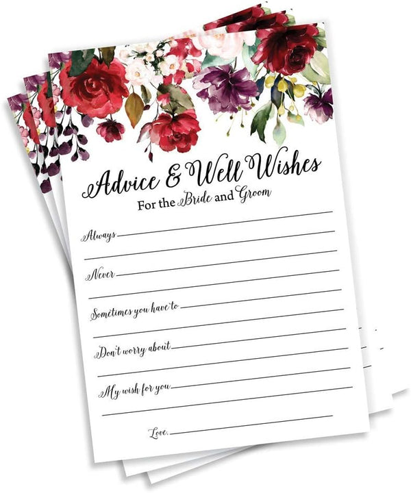 Pack of 50 Wedding Advice Cards for Bride and Groom - Burgundy Well Wishes for Bridal Shower