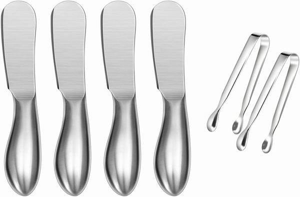 sweetfamily 6-Piece Spreader Knife Set, Mini Serving Tongs, Stainless Steel Multipurpose Cheese and Butter Knives