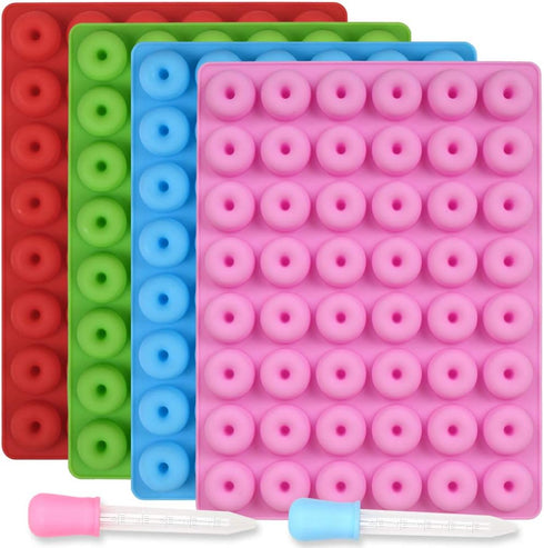 Newk Mini Donut Silicone Candy Mold - 4 Packs 48-Cavities Gummy Ring Molds with 2 Droppers, Nonstick Food Grade Mold