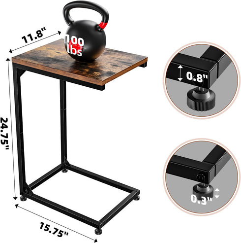 Simple Trending TV Tray, C Shaped End Table for Couch, Side Table with Metal Frame for Living Room, Bedroom, Rustic