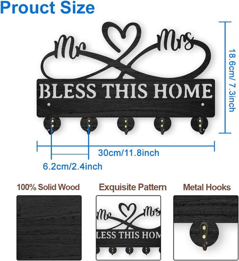 Mr Mrs Coat Rack Wall Mount, 11.8×7.3inch Wood Family Key Holder with 5 Alloy Hooks for Home Decor