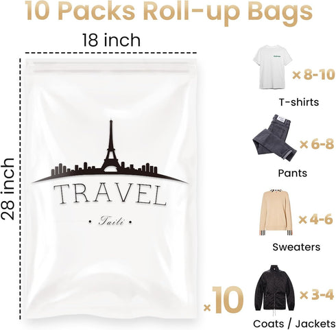 TAILI 10 Pack Travel Compression Bags, Clear Roll Up Space Saver Bags (23.6x15.7 inch), Hand Roll Packing Bags for