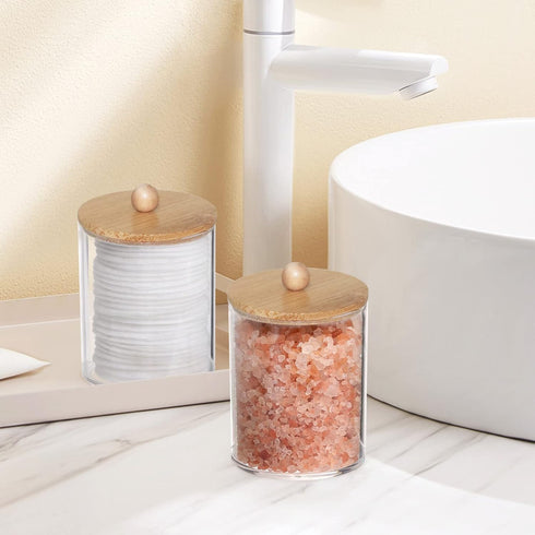 Tbestmax 10 Oz Cotton Swab Holder, Clear Apothecary Jar with Wood Lids, Bathroom Storage Dispenser 3 Pack