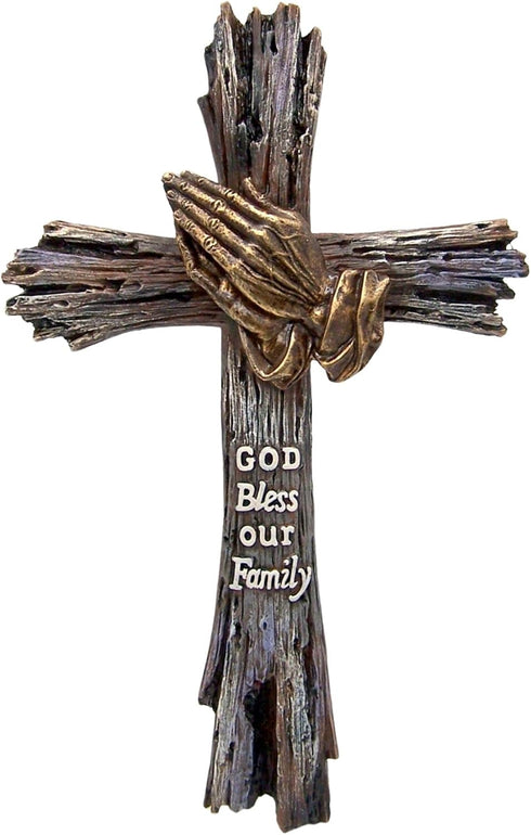 Wall Cross with Praying Hands, God Bless Our Family, Rustic Wood Look, 13 Inches