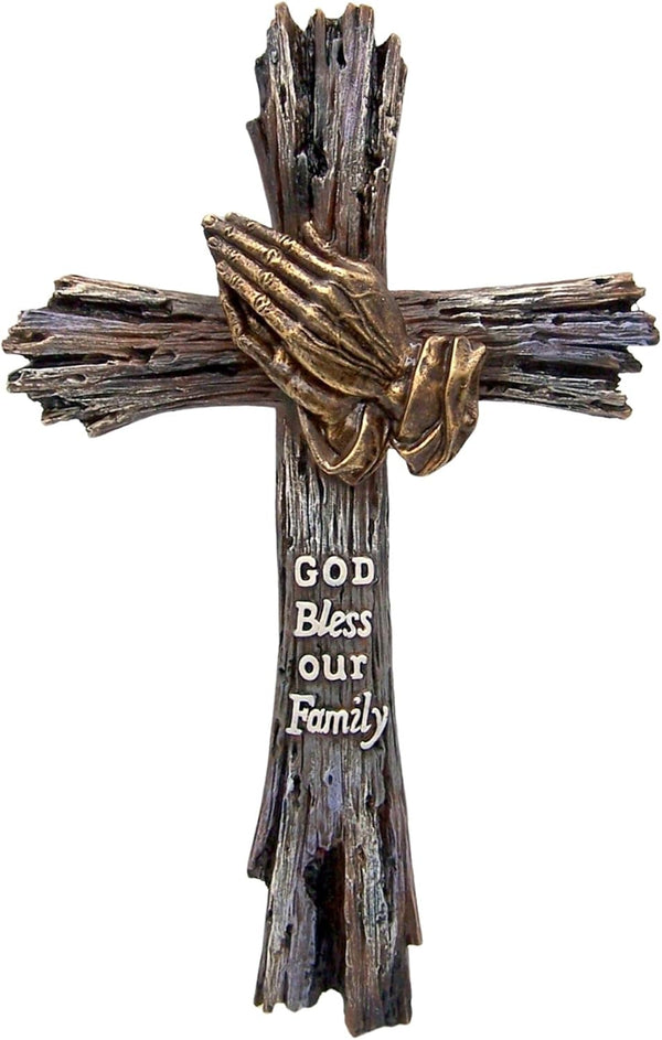 Wall Cross with Praying Hands, God Bless Our Family, Rustic Wood Look, 13 Inches