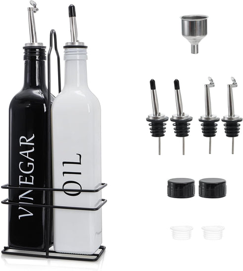 2 Pack Set 17oz Tebery Oil and Vinegar Dispenser with Caddy Holder, Black & White Olive Oil Dispenser Bottle, Cute