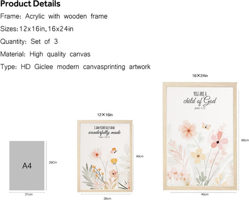 3pcs 12x16 Inch Framed Floral Wall Art Pieces, Christian Art, Bohemian Wall Decorations, Inspirational Bible Verse