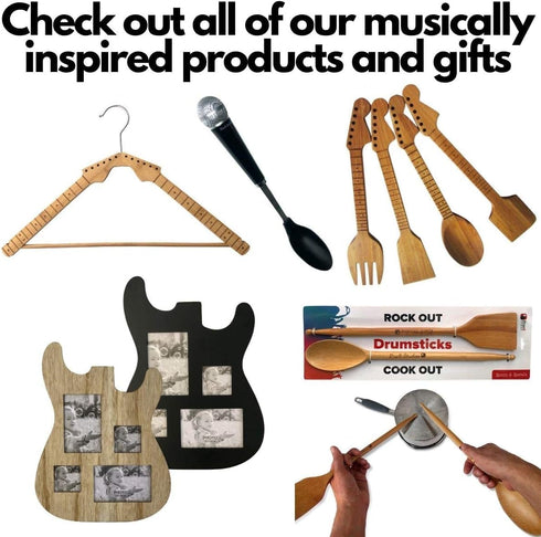 Bamboo Guitar Neck Shaped Kitchen Cooking Utensil Set - Set of 4: Spoon, Spatulas, Salad Fork, Musician Gifts