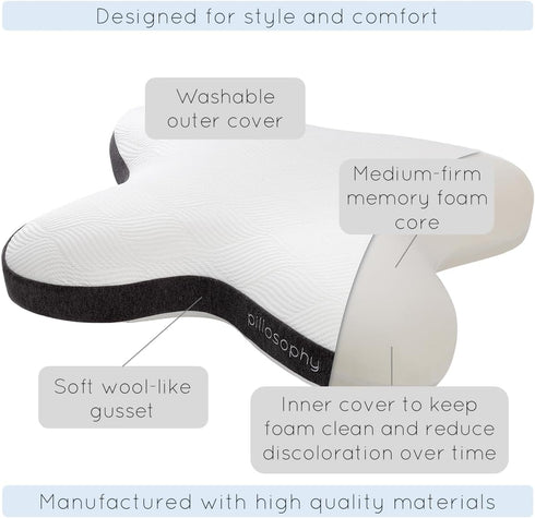 pillosophy SleepTheory Pillow Butterfly Shape Memory Foam Core Contoured for Neck & Shoulder Alignment Washable Cover