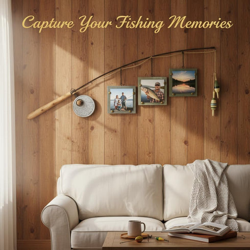 4x4 Young's Inc Wood Fishing Pole Triple Photo Frame Rustic Lake House Wall Fish Decor with Hanging Frames, Lodge
