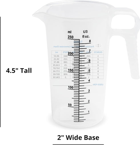 8oz 1 Cup Measure Pitcher with Conversion Chart, Food Grade for Cooking, Home Hobbies, High Chemical Resistance