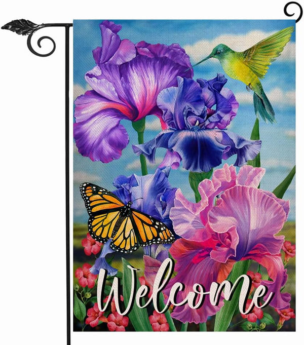 Welcome Spring Hummingbird Iris Garden Flag, Double Sided Purple Flower Bird Yellow Butterfly Outdoor Decor, 12x18