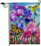 Welcome Spring Hummingbird Iris Garden Flag, Double Sided Purple Flower Bird Yellow Butterfly Outdoor Decor, 12x18