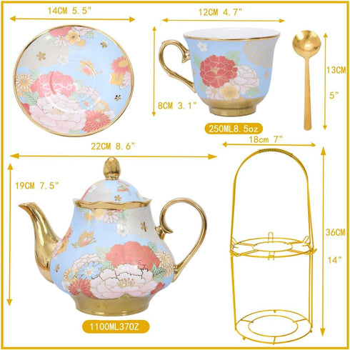 CHANJOON Set, Sets Set 6 Gold Plated Red Rose Ceramic Tea Vintage Tea with Teapot, Beautiful Tea Coffee Serving People