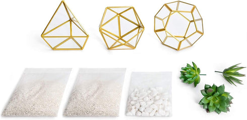 3 Pack Mkono Artificial Succulent in Mini Glass Geometric Terrarium, Miniature Potted Faux Plant Bookshelf Desk Boho
