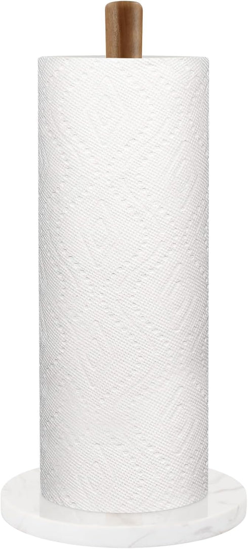 Buruis Wood Paper Towel Holder, Marble Base Modern Decorative Countertop Standing Rolls Holder for Kitchen, Toilet, Pantry and Bathroom (Marble Base White)