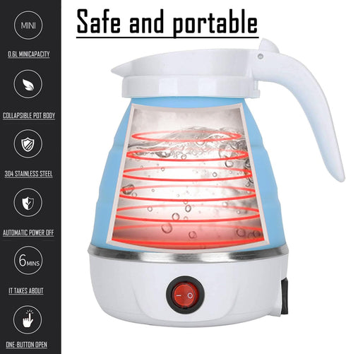 Small Foldable Portable Electric Kettle, Silicone Collapsible Heating Water Boiler Tea Pot for Camping, Blue