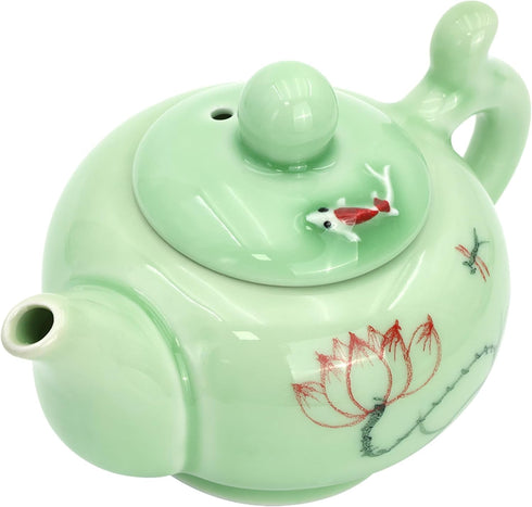 DELIFUR Celadon Handcrafted Porcelain Tea Set, Lotus Theme Tea Pot, Covered Teacup from China