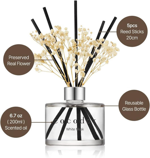 COCODOR 2 Pack Preserved Real Flower Reed Diffuser Set, 6.7oz (200ml) Rose Perfume, Oil Diffuser & Sticks