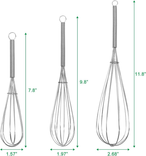 Stainless Steel Whisk Set - 8"+10"+12" Thin Handle Wisk Balloon Wire Whisks Kitchen Tool for Cooking, Baking, Mixing Blending, Whisking, Beating, Stirring