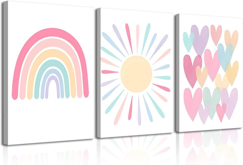 RCJARTI 3Pcs Pink Nursery Canvas Wall Art Rainbow Poster Kids Bedroom Baby