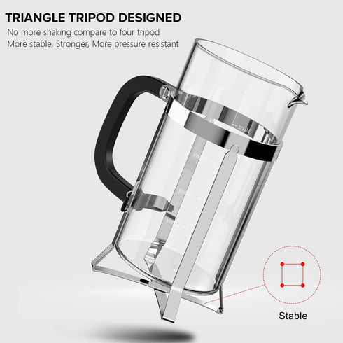 French Press Coffee Maker, 304 Stainless Steel, 4 Filters, Borosilicate Glass, 21 Ounce, Silver