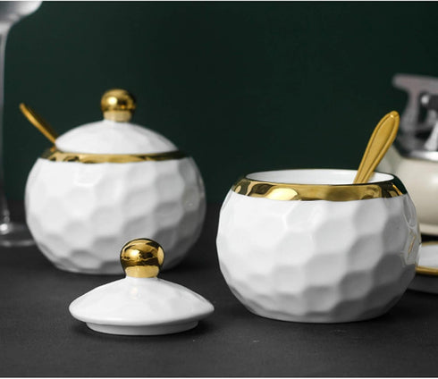 Golf Porcelain Sugar Bowl Condiment Pot, Salt Container with Lid, Spoon and Tray, Set of 3, Modern Spice Box Seasoning