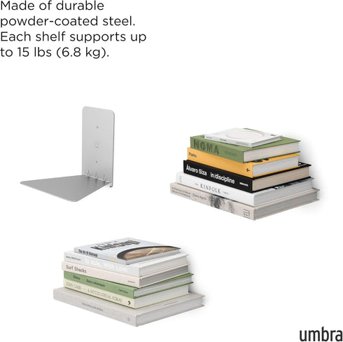 Set 3 Umbra Conceal, Sturdy Metal Floating Bookshelf for Wall, Silver, Small