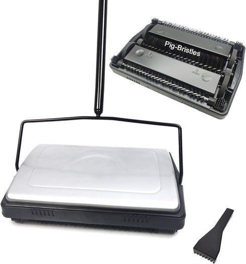 EZ SPARES Quiet Floor Sweeper with Pig-Bristles, Strong Roller Brush for Carpet Cleaning, Great for House, Office,